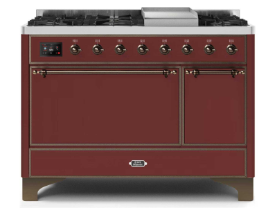 48" ILVE 5.02 Cu. Ft. Majestic II Dual Fuel Liquid Propane Freestanding Range in Burgundy with Bronze Trim - UM12FDQNS3/BUB LP