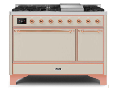 48" ILVE 5.02 Cu. Ft. Majestic II Dual Fuel Liquid Propane Freestanding Range in Antique White with Copper Trim - UM12FDQNS3/AWP LP