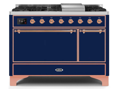 48" ILVE 5.02 Cu. Ft. Majestic II Dual Fuel Liquid Propane Freestanding Range in Blue with Copper Trim - UM12FDQNS3/MBP LP