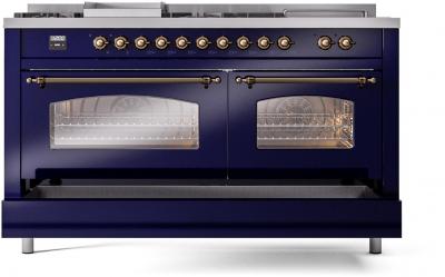 60" ILVE Nostalgie II Dual Fuel Natural Gas Freestanding Range in Blue with Bronze Trim - UP60FSNMP/MBB NG