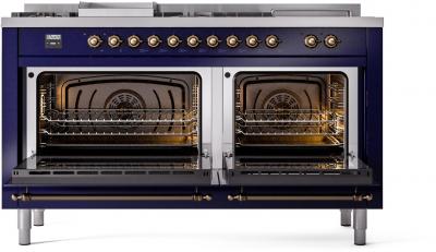 60" ILVE Nostalgie II Dual Fuel Natural Gas Freestanding Range in Blue with Bronze Trim - UP60FSNMP/MBB NG