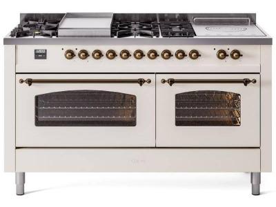 60" ILVE Nostalgie II Dual Fuel Natural Gas Freestanding Range in Antique White with Bronze Trim - UP60FSNMP/AWB NG