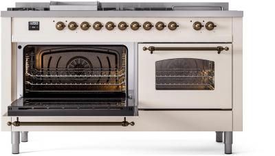 60" ILVE Nostalgie II Dual Fuel Natural Gas Freestanding Range in Antique White with Bronze Trim - UP60FSNMP/AWB NG