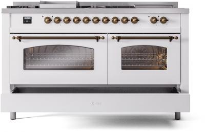 60" ILVE Nostalgie II Dual Fuel Natural Gas Freestanding Range in White with Bronze Trim - UP60FSNMP/WHB NG