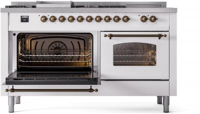 60" ILVE Nostalgie II Dual Fuel Natural Gas Freestanding Range in White with Bronze Trim - UP60FSNMP/WHB NG