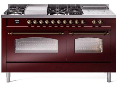 60" ILVE Nostalgie II Dual Fuel Natural Gas Freestanding Range in Burgundy with Bronze Trim - UP60FSNMP/BUB NG