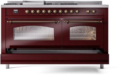 60" ILVE Nostalgie II Dual Fuel Natural Gas Freestanding Range in Burgundy with Bronze Trim - UP60FSNMP/BUB NG