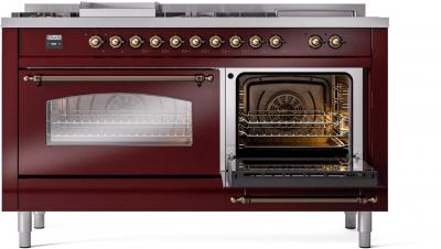 60" ILVE Nostalgie II Dual Fuel Natural Gas Freestanding Range in Burgundy with Bronze Trim - UP60FSNMP/BUB NG