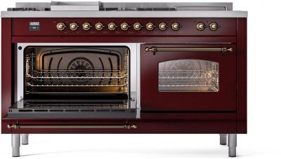 60" ILVE Nostalgie II Dual Fuel Natural Gas Freestanding Range in Burgundy with Bronze Trim - UP60FSNMP/BUB NG