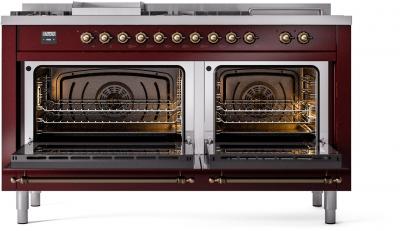 60" ILVE Nostalgie II Dual Fuel Natural Gas Freestanding Range in Burgundy with Bronze Trim - UP60FSNMP/BUB NG