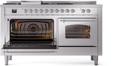 60" ILVE Nostalgie II Dual Fuel Natural Gas Freestanding Range in Stainless Steel with Chrome Trim - UP60FSNMP/SSC NG