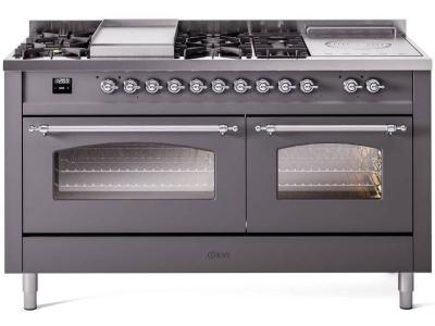 60" ILVE Nostalgie II Dual Fuel Natural Gas Freestanding Range in Matte Graphite with Chrome Trim - UP60FSNMP/MGC NG