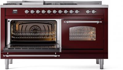 60" ILVE Nostalgie II Dual Fuel Natural Gas Freestanding Range in Burgundy with Chrome Trim - UP60FSNMP/BUC NG