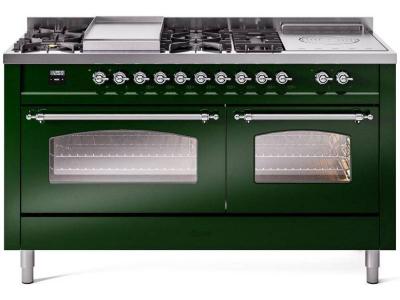 60" ILVE Nostalgie II Dual Fuel Natural Gas Freestanding Range in Emerald Green with Chrome Trim - UP60FSNMP/EGC NG