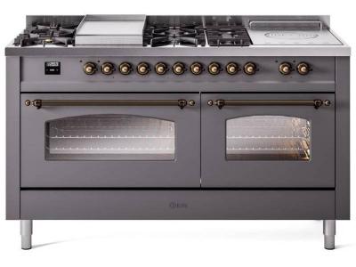 60" ILVE Nostalgie II Dual Fuel Liquid Propane Freestanding Range in Matte Graphite with Bronze Trim - UP60FSNMP/MGB LP