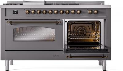 60" ILVE Nostalgie II Dual Fuel Liquid Propane Freestanding Range in Matte Graphite with Bronze Trim - UP60FSNMP/MGB LP