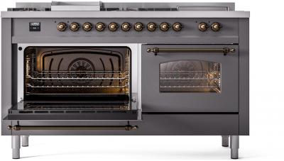 60" ILVE Nostalgie II Dual Fuel Liquid Propane Freestanding Range in Matte Graphite with Bronze Trim - UP60FSNMP/MGB LP