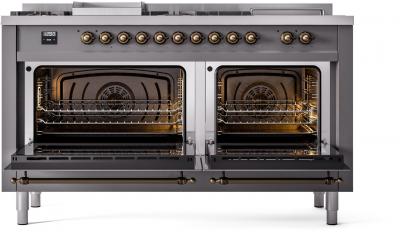 60" ILVE Nostalgie II Dual Fuel Liquid Propane Freestanding Range in Matte Graphite with Bronze Trim - UP60FSNMP/MGB LP