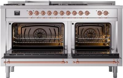 60" ILVE Nostalgie II Dual Fuel Liquid Propane Freestanding Range in Stainless Steel with Copper Trim - UP60FSNMP/SSP LP