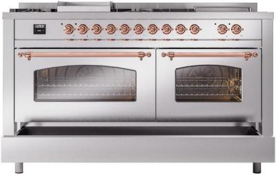 60" ILVE Nostalgie II Dual Fuel Liquid Propane Freestanding Range in Stainless Steel with Copper Trim - UP60FSNMP/SSP LP