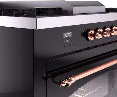 60" ILVE Nostalgie II Dual Fuel Liquid Propane Freestanding Range in Glossy Black with Copper Trim - UP60FSNMP/BKP LP