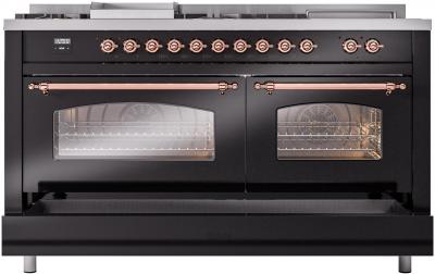 60" ILVE Nostalgie II Dual Fuel Liquid Propane Freestanding Range in Glossy Black with Copper Trim - UP60FSNMP/BKP LP