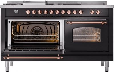 60" ILVE Nostalgie II Dual Fuel Liquid Propane Freestanding Range in Glossy Black with Copper Trim - UP60FSNMP/BKP LP