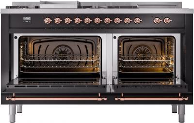 60" ILVE Nostalgie II Dual Fuel Liquid Propane Freestanding Range in Glossy Black with Copper Trim - UP60FSNMP/BKP LP