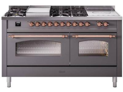 60" ILVE Nostalgie II Dual Fuel Liquid Propane Freestanding Range in Matte Graphite with Copper Trim - UP60FSNMP/MGP LP