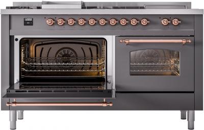 60" ILVE Nostalgie II Dual Fuel Liquid Propane Freestanding Range in Matte Graphite with Copper Trim - UP60FSNMP/MGP LP