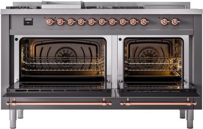 60" ILVE Nostalgie II Dual Fuel Liquid Propane Freestanding Range in Matte Graphite with Copper Trim - UP60FSNMP/MGP LP