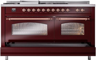 60" ILVE Nostalgie II Dual Fuel Liquid Propane Freestanding Range in  Burgundy with Copper Trim - UP60FSNMP/BUP LP