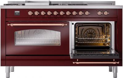 60" ILVE Nostalgie II Dual Fuel Liquid Propane Freestanding Range in  Burgundy with Copper Trim - UP60FSNMP/BUP LP