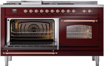 60" ILVE Nostalgie II Dual Fuel Liquid Propane Freestanding Range in  Burgundy with Copper Trim - UP60FSNMP/BUP LP