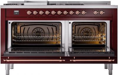 60" ILVE Nostalgie II Dual Fuel Liquid Propane Freestanding Range in  Burgundy with Copper Trim - UP60FSNMP/BUP LP