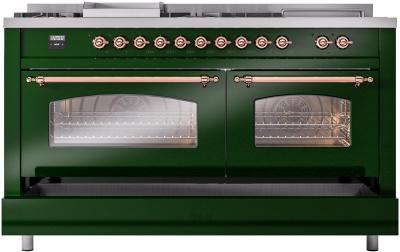 60" ILVE Nostalgie II Dual Fuel Liquid Propane Freestanding Range in  Emerald Green with Copper Trim - UP60FSNMP/EGP LP