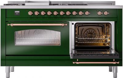 60" ILVE Nostalgie II Dual Fuel Liquid Propane Freestanding Range in  Emerald Green with Copper Trim - UP60FSNMP/EGP LP