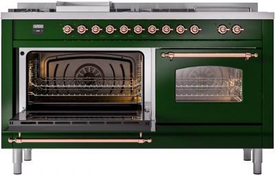 60" ILVE Nostalgie II Dual Fuel Liquid Propane Freestanding Range in  Emerald Green with Copper Trim - UP60FSNMP/EGP LP