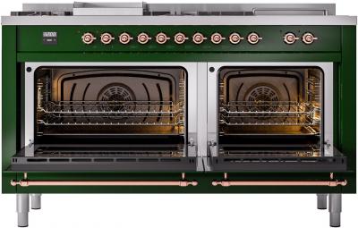 60" ILVE Nostalgie II Dual Fuel Liquid Propane Freestanding Range in  Emerald Green with Copper Trim - UP60FSNMP/EGP LP