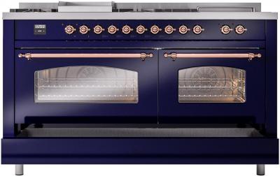 60" ILVE Nostalgie II Dual Fuel Liquid Propane Freestanding Range in Blue with Copper Trim - UP60FSNMP/MBP LP