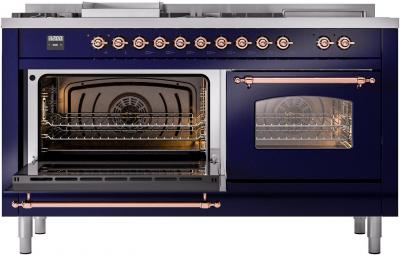 60" ILVE Nostalgie II Dual Fuel Liquid Propane Freestanding Range in Blue with Copper Trim - UP60FSNMP/MBP LP