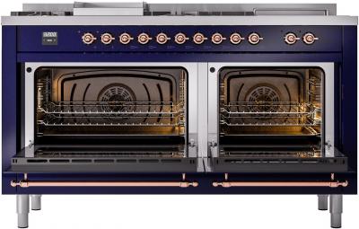 60" ILVE Nostalgie II Dual Fuel Liquid Propane Freestanding Range in Blue with Copper Trim - UP60FSNMP/MBP LP