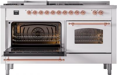 60" ILVE Nostalgie II Dual Fuel Liquid Propane Freestanding Range in White with Copper Trim - UP60FSNMP/WHP LP