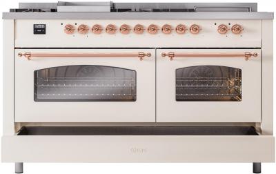 60" ILVE Nostalgie II Dual Fuel Liquid Propane Freestanding Range in Antique White with Copper Trim - UP60FSNMP/AWP LP