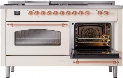 60" ILVE Nostalgie II Dual Fuel Liquid Propane Freestanding Range in Antique White with Copper Trim - UP60FSNMP/AWP LP