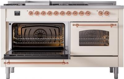 60" ILVE Nostalgie II Dual Fuel Liquid Propane Freestanding Range in Antique White with Copper Trim - UP60FSNMP/AWP LP