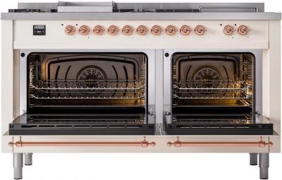 60" ILVE Nostalgie II Dual Fuel Liquid Propane Freestanding Range in Antique White with Copper Trim - UP60FSNMP/AWP LP