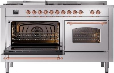 60" ILVE Nostalgie II Dual Fuel Natural Gas Freestanding Range in Stainless Steel with Copper Trim - UP60FSNMP/SSP NG