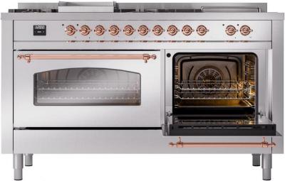 60" ILVE Nostalgie II Dual Fuel Natural Gas Freestanding Range in Stainless Steel with Copper Trim - UP60FSNMP/SSP NG