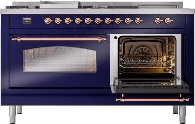 60" ILVE Nostalgie II Dual Fuel Natural Gas Freestanding Range in  Blue with Copper Trim - UP60FSNMP/MBP NG